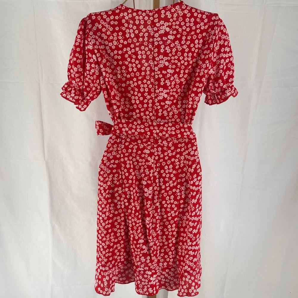 Red Floral Crepe Wrap Dress with Ruffle Sleeves - Small - Picture 7 of 15